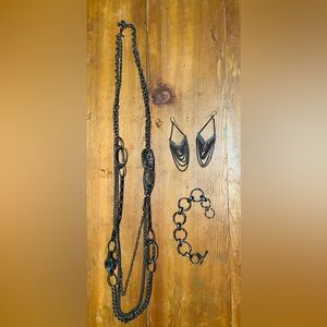 Gunmetal necklace, earrings, and bracelet